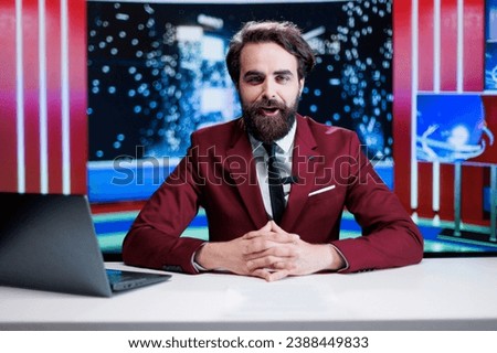 Media presenter broadcasting live program in newsroom, reading headlines of the day and presenting latest news on night show. Man reporter hosting entertainment segment at midnight.