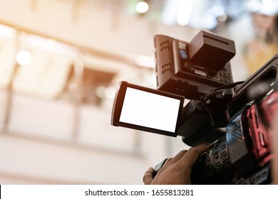 Media Television Film Production And Interview Reporter Concept: Video Recorder Movie Recording Films Shooting Of Grand Opening In Conference Hall Live Event Streaming For Presentation By Videographer