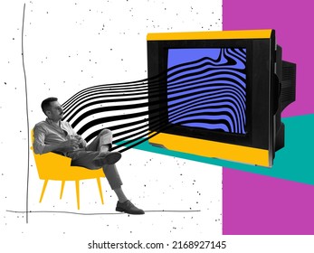 Media and their influence. Young man watching retro Tv set on abstract background with drawings. Contemporary art collage. Art, fashion and music. Ideas, vintage, retro style, imagination