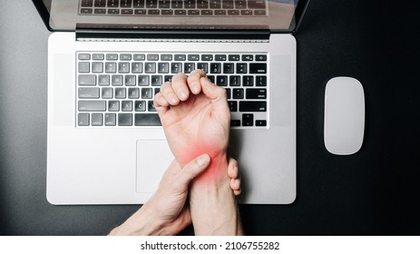 Median nerve. Carpal tunnel in hand pain. Man injury wrist. Arthritis office syndrome is consequence of computer. Causes of hurt include fractures, arthritis or trigger finger