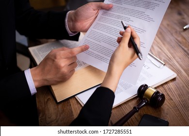 Mediation Client Meeting Lawyer Consulting Government Help, Businessman And Male Lawyer Or Judge Consult Having Team Meeting With Client, Law And Legal Services Concept.