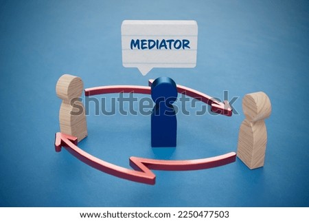 Mediation helps to find solution for disputation and conflict and to reach an agreement. Mediator represented by blue wooden piece figurine.