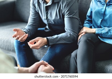 Mediator Or Family Counsel With Couple In Therapy Meeting. Divorce Lawyer, Marriage Counselor, Psychologist Or Doctor Interview Upset Man And Woman. Sad People With Anxiety. Session With Psychiatrist.