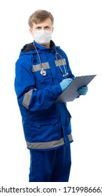 A Medic In Overalls, A Medical Mask, With A Tablet For Paper And A Pen. Ambulance Specialist Looks At Us And Writes Information. Doctor, Ambulance, Paramedic. Isolated.