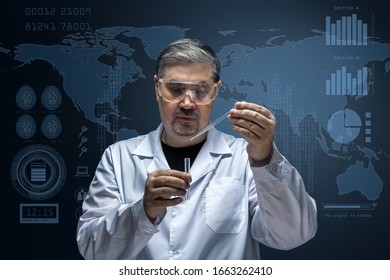 Medic works in the laboratory with analyzes - study of a new strain of the virus