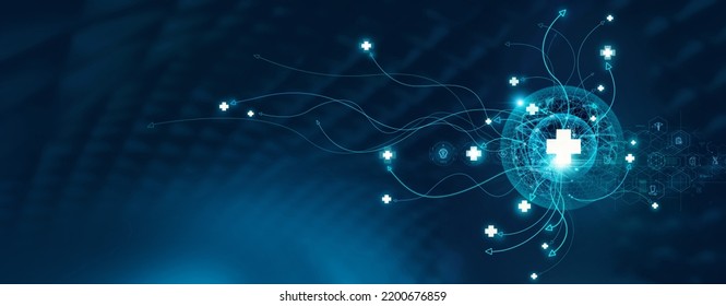 Medical abstract, Healthcare networking and data connected of patient on internet digital technologies, Medical online, consultation, Communication of Health on global network. Medicine technology. - Shutterstock ID 2200676859
