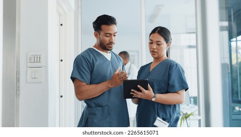 Medical advice, help and doctors with a tablet for healthcare, research and medicine planning. Communication, collaboration and men working in cardiology talking about surgery results on technology