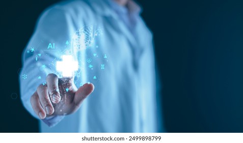 Medical AI technology, doctor use AI for diagnosis, care, health and increasing accuracy patient treatment in future. Medical research and development innovation technology to improve healthcare