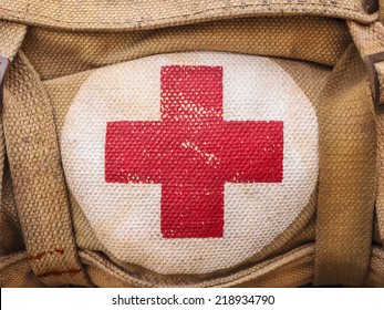 Medical Aid Symbol On A Vintage Jute Army Bag