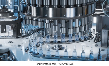 Medical Ampoule Production Line at Modern Modern Pharmaceutical Factory. Glass Ampoules are being Filled. Medication Manufacturing Process. - Shutterstock ID 2229913173