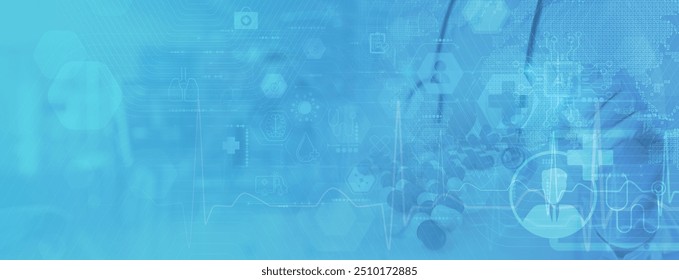 a medical background filled with healthcare icons, data visualizations, and a digital overlay.  - Powered by Shutterstock