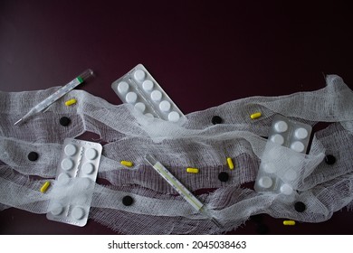 Medical Bandage, Pills, Thermometers, Syringes. Medical Devices. Abstract