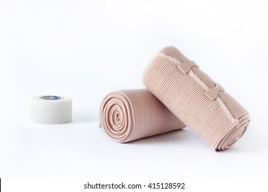 Medical Bandage Rolls, Bandage, Elastic ,  Scotch Tape, First Aid Supplies, A White Background.