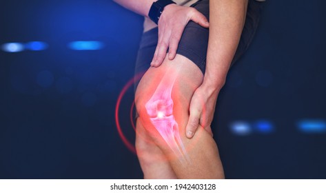 Medical Banner. Digital Bone On The Human Foot. Man Suffering From Knee Pain. Injury Caused By Training. Tendon Problems. 