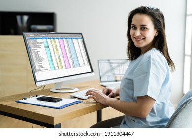 Medical Bill Codes And Spreadsheet Data. Business Analyst Woman