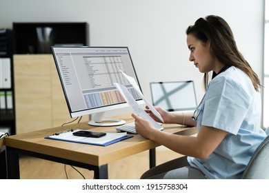 Medical Bill Codes And Spreadsheet Data. Business Analyst Woman