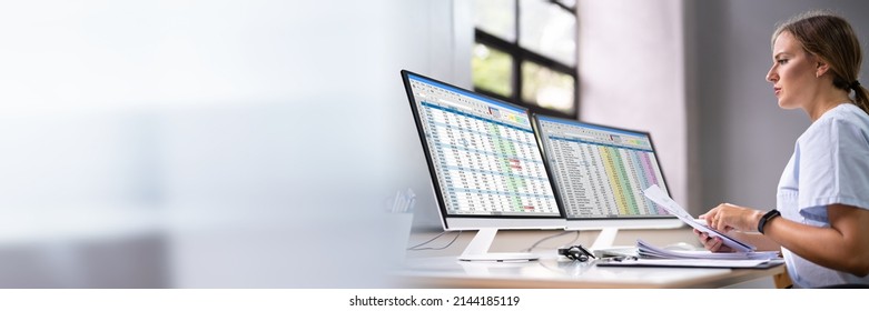 Medical Bill Codes And Spreadsheet Data. Business Analyst Woman