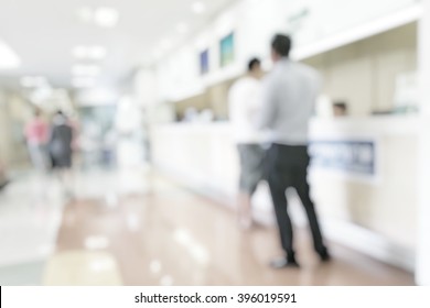 Medical Blur Background Customer Or Patient Service Counter, Office Lobby, Or Bank Business Building Interior Inside Waiting Hall Area 