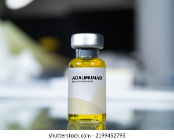 Medical Bottle Of Adalimumab Medication As Monoclonal Antibody Used To Treat Rheumatoid Arthritis, Psoriatic, Crohn Disease, Ulcerative Colitis And Other Autoimmune Diseases