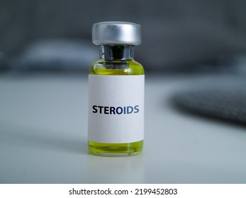 Medical Bottle Of Steroid Drug Medication Such As Corticosteroids And Anabolic Steroids Used Allery, Dermatology, Endocrinology, Leukemia, Rheumatology And Also In Fitness And Sport As A Doping