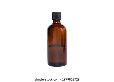 Medical Brown Glass Oil Jar With Black Lid On White Isolated Background