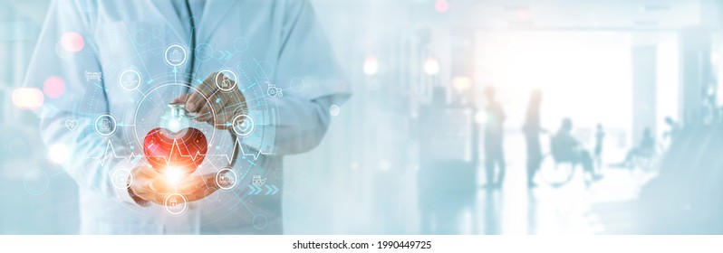Medical business and health insurance, Medicine doctor with  stethoscope holding red heart shape and medical insurance icon on global network connection, hospital, Service and Healthcare business