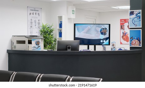 Medical Center Hospital Reception Counter To Help Patients At Checkup Visit Appointments, Healthcare System. Empty Waiting Room And Medical Facility Lobby, Private Exam Center.