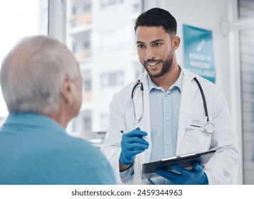 Medical, clipboard and doctor with senior patient for advice in consultation room at hospital. Checklist, chart and professional healthcare worker talk to elderly man for checkup in medicare clinic. - Powered by Shutterstock