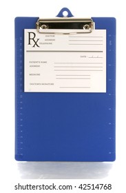 Medical Clipboard With Prescription Pad With Reflection On White Background