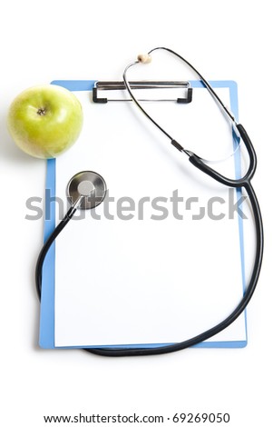 Medical clipboard and stethoscope isolated on white background