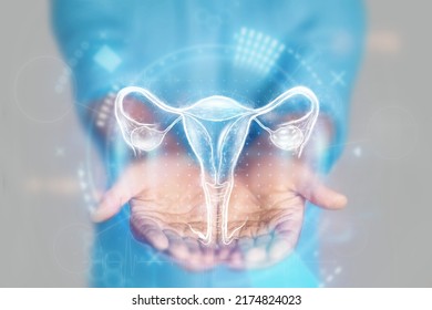 Medical concept, doctor's hands in a blue coat close-up. Ultrasound of the uterus, x-ray, hologram. Medical care, woman anatomy, doctor's appointment, reproductive system. mixed media