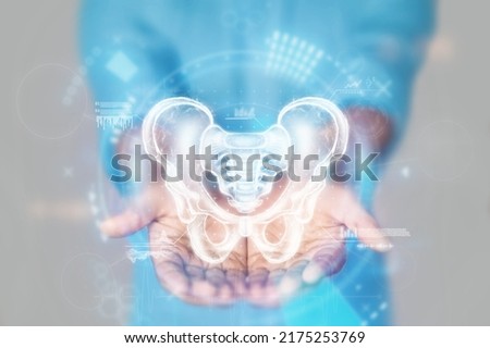 Medical concept, doctor's hands in a blue coat close-up. X-ray of the hip joint, ultrasound of the organs. Medical care, anatomy, doctor's appointment, medical technology. mixed media.