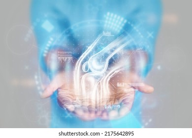 Medical concept, doctor's hands close-up. Ultrasound, x-ray of the knee joint, hologram. Medical care, anatomy, doctor's appointment, transplantation, cartilage replacement. mixed media - Shutterstock ID 2175642895