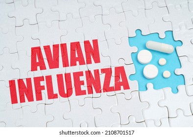 Medical concept. On the puzzles there is an inscription - Avian Influenza, on a blue background pills.