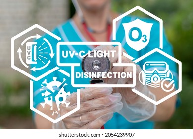 Medical Concept Of UV-C Light Disinfection. UV Light Sterilization Of Viruses And Bacteria Medicine, Pharmacy Equipment, Clothes.