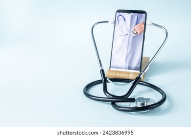 medical consultation, online home visit, Tele medicine, concept  online medical doctor, patient communication via medical interface, medical advice, copy space; blue background - Powered by Shutterstock