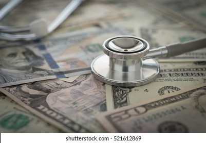 Medical Cost Rising, Stethoscope On Dollar Banknote Money. Concept Of Health Care Costs, Finance, Health Insurance Funds.