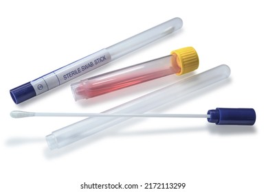 Medical Cotton Swab Sticks And Sample Collection Tube With Liquid Transport Medium. Healthcare And Medical Equipment