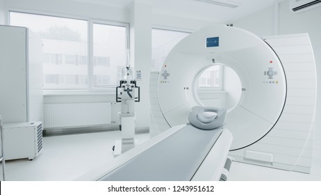 Medical CT or MRI or PET Scan Standing in the Modern Hospital Laboratory. Technologically Advanced and Functional Mediсal Equipment in a Clean White Room.