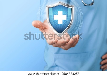 Medical cybersecurity. Doctor hold set of medical icons