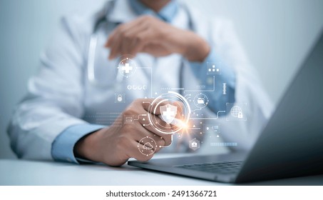 Medical cybersecurity and healthcare security concept. Protecting medical data and ensuring patient privacy with lock icon on virtual screen, representing secure access to healthcare technology - Powered by Shutterstock