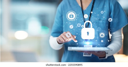 Medical cybersecurity, tablet and hands of doctor, surgeon or nurse with virtual hologram for database lock. Mockup hospital, life insurance and woman with digital archive biometric for info safety - Powered by Shutterstock