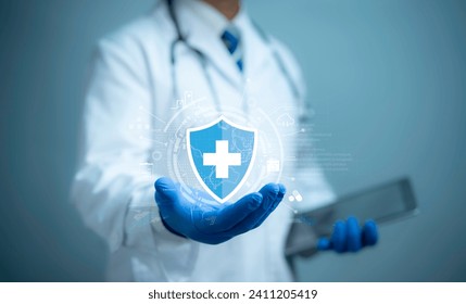 Medical cybersecurity.Security Health Care Concept. Medical Data Insurance and Safety. Medicine secure patient privacy history.lock icon on virtual screen. Access healthcare protection technology. - Powered by Shutterstock