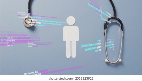 Medical data and coding over image of stethoscopes and human figure. Healthcare, technology, digital, analysis, innovation, human body