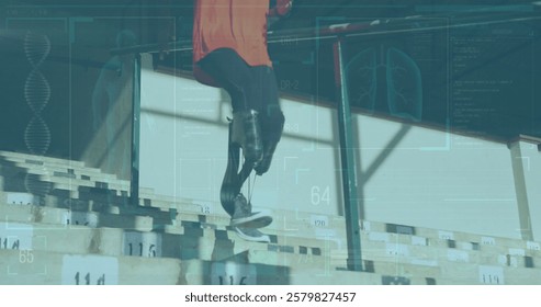 Medical data and DNA analysis image over person with prosthetic legs walking downstairs. Healthcare, technology, bioinformatics, genetics, prosthetics, biomechanics