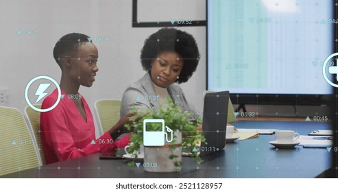 Medical data processing image over diverse business people in meeting room. Technology, corporate, innovation, teamwork, analysis, digital