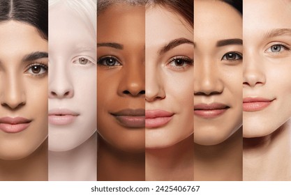 Medical and dermatological materials on skin conditions. Collage. Close-up of beautiful young girls of different nationality and skin colors. Concept of human diversity, beauty standards, cosmetics