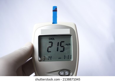 Medical Device To Check Uric Acid, Blood Sugar And Cholesterol. High Cholesterol White Background