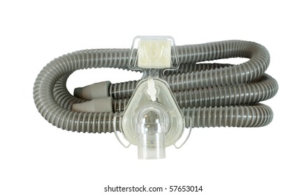 Medical Device Known As (CPAP) Continuous Positive Airway Pressure- Mask And Hose Isolated On White Background