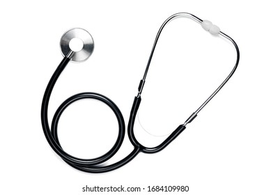 Medical Device, Stethoscope, Black Lies On A White Isolated Background.